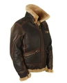 Detail view of brown B-3 aviator jacket with wings badge and warm fleece lapel collar - M / Brown