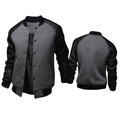 Vorder- und Rückansicht der grauen Baseballjacke mit schwarzen Lederärmeln und Druckknöpfen - S / Dunkelgrau