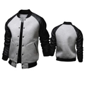 Vorder- und Rückansicht einer Herren-Collegejacke mit grauem Korpus und schwarzen Lederärmeln - S / Grau