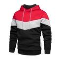 Detail of red, grey, and black color block hoodie with ribbed cuffs and drawstrings - S / Red