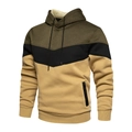 Detail view of khaki and olive green camo color-block hoodie with v-shaped black stripe - S / Army Green
