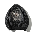 Herren Bomberjacke aus schwarzem Satin mit Adler- und Landkarten-Stickerei am Rücken - S / Dünner Stil / Schwarz