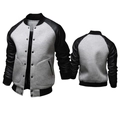 Men's color block varsity jacket with grey body and black PU leather sleeves front and back - M / Tops / Light Gray