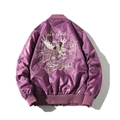 Purple satin bomber jacket with detailed eagle embroidery and city map on the back - S / Thin Style / Purple
