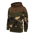 Detail of color block hoodie featuring camouflage pattern and ribbed cuffs for men - S / Coffee