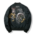 Sukajan MA-1 bomber jacket featuring detailed Japanese folklore embroidery on back - S / Black Thin Style