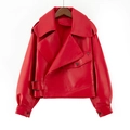 Giacca da motociclista corta in ecopelle rossa da donna con ampi revers e stile street - S / Rosso