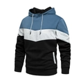 Men's tri-color patchwork hoodie in navy blue, light grey, and black sport style - S / Denim Blue