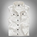 Slim fit white denim vest for men featuring classic lapels and distressed raw edges - M / White
