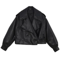 Giacca biker da donna in ecopelle nera con bavero asimmetrico e fibbie in metallo - S / Nero
