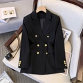 Zwarte double-breasted damesblazer met gouden knopen en een slank silhouet - S / Zwart