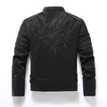 Men's black biker PU leather jacket with skull wing embroidery on back side - M / Dark Grey
