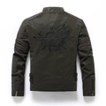 Dunkelolivgrüne PU-Lederjacke für Herren in Slim Fit mit Totenkopf-Rückenstickerei - M / Armeegrün