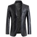 Chaqueta blazer de cuero negro para hombre con solapas clásicas y cierre de dos botones - M—170 / Negro