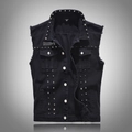 Men's punk rock black denim vest with metallic silver studs and distressed raw edges - M / Black