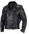 Detail of black biker leather jacket with asymmetric zipper and adjustable waist belt - M / Black