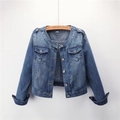 Giacca di jeans blu da donna con scollo rotondo e lavaggio vintage in cotone di taglia M - S / Blu