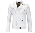 Detail of white motorcycle jacket featuring metal buckles and wide lapel collar - M / White