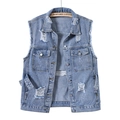 Light wash oversized denim vest with distressed ripped details and rhinestone accents - M / Blue