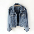 Women's light blue denim jacket with elegant pearl embellishments and metal buttons - XS / Light Blue