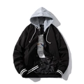 Black hooded varsity jacket with gray drawstring hood and space-themed interior patch - S / Black Thin With Hood