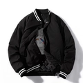 Black bomber jacket for men with white striped cuffs and quilted space print lining - S / Black Cotton Style
