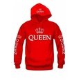 Red hooded sweatshirt for women featuring white Queen text and crown graphic print - S / Red Queen