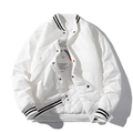 White baseball flight jacket for men featuring black striped ribbing and space theme lining - S / White Padded Style