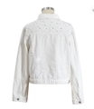 White denim jacket for women featuring elegant pearl bead embellishments on the back - XS / White