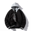 Men's black varsity baseball jacket with grey hood and quilted thermal lining - S / Black Padded With Hood
