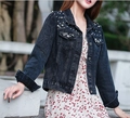 Short dark gray denim jacket with pearls and rhinestones over a heart print dress - XS / Black