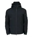 Detail van zwarte tactische softshell jas met waterdichte stof en ritszakken op de mouwen - S / Zwart