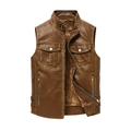 Brown vintage faux leather vest with stand collar, zip closure, and warm fleece lining - Deep Khaki Fleece Lined