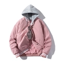 Pink men's hooded baseball jacket with grey hood and striped ribbed cuffs - S / Pink Padded With Hood