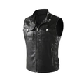 Men's vintage washed biker leather vest with standing collar and metal zipper pockets - Black Single Layer