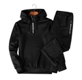 Men's black hooded tracksuit set with zip hoodie and joggers featuring ribbon details - S / Black