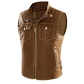 Brown vintage washed leather vest with stand collar and functional pockets - Deep Khaki Single Layer