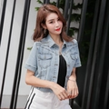 Short sleeve light blue denim bolero cardigan with front pockets for summer styling - S / Light Blue