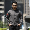 Men's dark grey tactical softshell jacket with hooded design and flag arm patch - S / Gray (Thin)