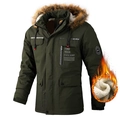 Parka invernale da uomo verde militare con cappuccio in ecopelliccia e fodera calda - Taglia M / Parte superiore foderata in pile / Verde militare
