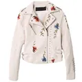 Chic beige PU leather biker jacket with floral embroidery and metallic stud details - S / Beige