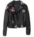 Women's black PU biker jacket with colorful floral embroidery and silver metal studs - S / Black