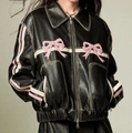Giacca da motociclista in PU nero con fiocchi rosa e strisce con chiusura a zip frontale - S / Nero con fiocco rosa