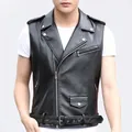 Gilet de motard noir en similicuir pour homme, coupe ajustée avec fermeture éclair croisée - S / Noir