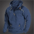 Detailansicht des dunkelblauen Hoodies mit Viertelreißverschluss und weißen Kordelzügen - S / Blau