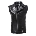Slim fit black faux leather biker vest with asymmetric zipper and adjustable belt - S / Black