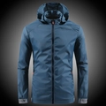 Men's dark blue hooded sun protection jacket with zip pockets and freedom printed cuffs - M / Blue