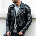 Men's black punk biker leather jacket with classic lapel and ribbed shoulder details - S / Black