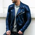 Donkerblauwe heren motorjas van kunstleer met gewatteerde schouders en ritsdetails - M / Tops / Blauw