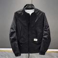 Detail of men's black jacket featuring a stand collar, large flap pockets and patch label - M / Black